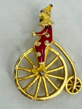 Vintage Clown On Penny Farthing Bicycle Red White Enamel Gold Tone Pin Brooch